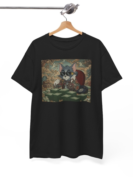 Gildan Other - Short-Sleeve Tee with Cartoon Cat Money Graphic